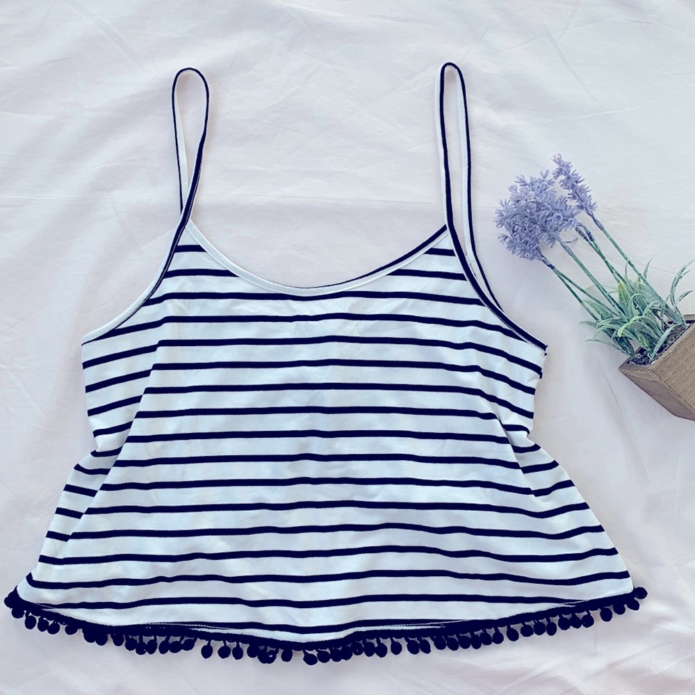 Charlotte Russe crop tank, open back, Pom Pom detail, black & white stripes, S